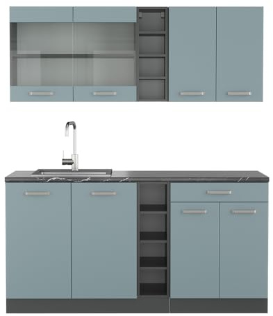 Vicco Singleküche R-Line, Blau-Grau/Anthrazit, 160 cm, AP Anthrazit, zur individuellen Erweiterung mit zusätzlichen Modulen geeignet
