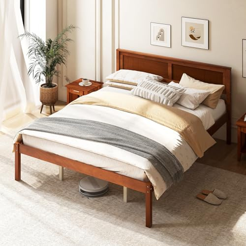 Giantex Full Size Wood Platform Bed with Headboard, Mid Century Solid Wood Full Bed with Slat Support, Double Bed Frame with 16 Under Bed Storage, No Box Spring Needed, Easy Assembly, Walnut