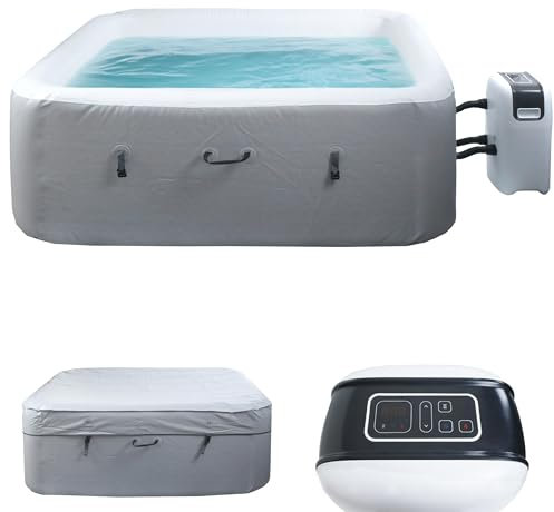 Mendler Whirlpool HWC-N97, 4-5 Personen, In-/Outdoor heizbar aufblasbar Pumpe Dropstitch-Gewebe, eckig 180x180cm grau-weiß