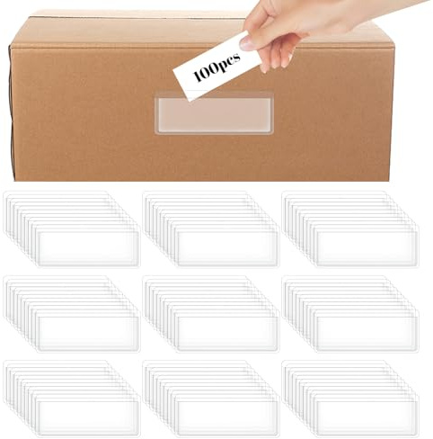 Kifmurase 100 Pcs Clear Label Holder Shelf Tags Index Card Pockets Long Side Open Price Tag, 3 × 1.25 Adhesive Shelf Tags, Plastic Drawers Label Holder for Supermarket Library Bookshelf Kitchen