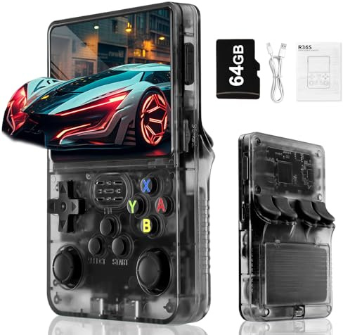 Console de Jeux Portable rétro Blidinner R36S - avec système Linux Open Source, Batterie 3000 mAh, écran HD 3,5 Pouces, Carte TF 63 Go - Noir