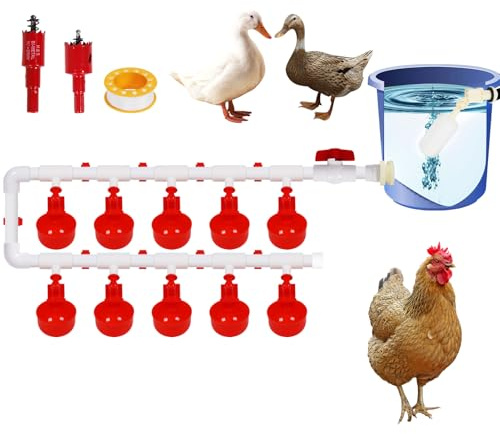 Sistema automático de bebedero para pollos, juego completo de tubos de PVC con 10 vasos para bebederos y válvula de flotador, juego completo para comedero automático de pollos (cubo no incluido)
