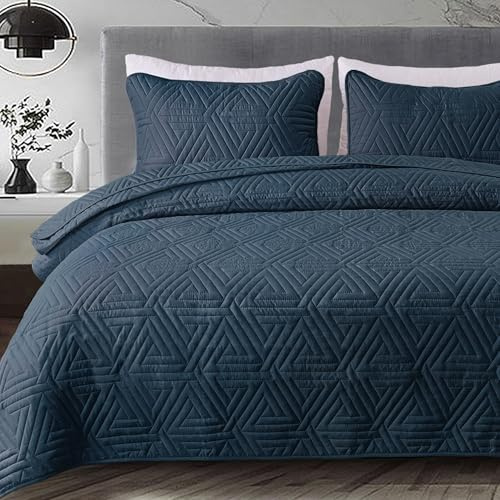 Whale Flotilla Réversible Couvre-lit 260 x 280 cm, avec 2 Taies d'oreiller en Microfibre, Dessus de Lit Doux et Léger, Matelassage Ultrasonique à Motif Géométrique, pour Toutes Saisons, Bleu Marine