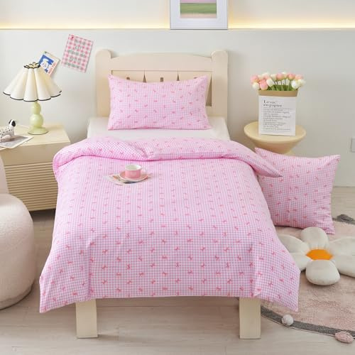 HMtideby Pink bowknot Toddler Kids Bedding Set for Girls, Cot Bed Duvet Cover with Pillowcase, 2 pcs, 120 x 150 cm