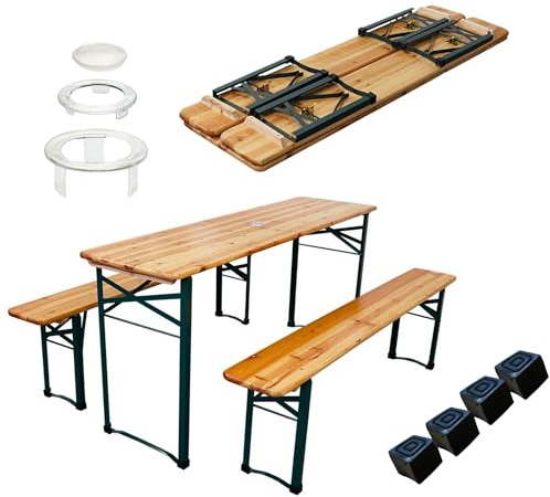 CHEFGASTRO Bierzeltgarnitur klappbar 170 cm breit 3-teilig 1x Tisch mit Schirmhalterung 2X Bierbank, lackiertes Holz inkl. 12x Bodenschoner aus Kunststoff Festzeltgarnitur Gartenmöbel-Set