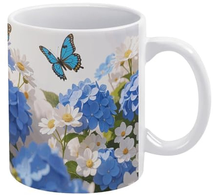Hydrangeas Daisies Butterflies Ceramic Coffee Mug - 12oz Coffee Cup with Handle - Smooth Rim Design for Enhanced Drinking Experience, Ideal for Home, Office & Cafe Use, Microwave & Dishwasher Safe
