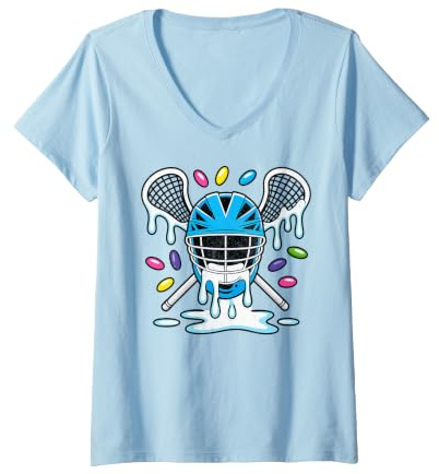 Women's Colorful Sprinkles Ice Cream Dripping Lacrosse Helmet V-Neck T-Shirt