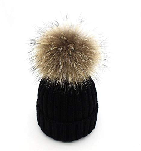 feifanshop Caldo berretto in pelliccia con pompon in vera pelliccia, Nero , Taglia unica