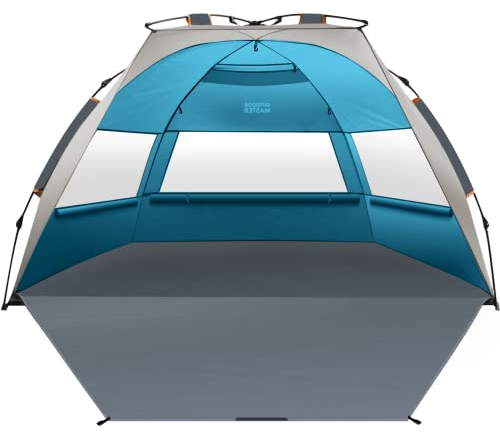 OutdoorMaster Strandmuschel Pop Up, 3-4 Personen Strandzelt mit UPF 50+ UV Schutz, einfacher Aufbau in 60 Sekunden, wetterfestes Campingzelt mit abnehmbarem Dachfenster (Ocracoke Küste)