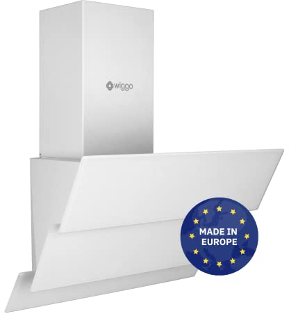 Wiggo Dunstabzugshaube 60cm kopffrei I Abluft Umluft Dunstabzug 300m³/h - LED Touch-Display 3 Stufen I Schräghaube inkl. Fettfilter & 2x Kohlefilter I Abzugshaube mit 3 teiliger Glasfront weiß