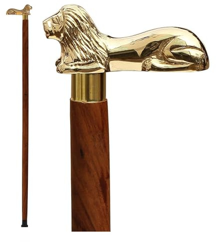 Ajuny Canne De Marche en Bois avec Poignée en Laiton-Lion d'or Style -Fait Main Élégante Légère Et Durable Vintage Antique Aide À La Marche pour Homme Femme Et Senior Embout Noir Antidérapant 91 cm