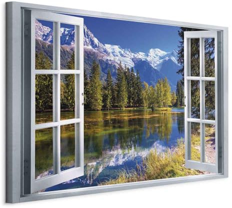 artgeist Acoustic Canvas Wall Art Print Window View 35x24 in - 1pcs Picture with Acoustic Foam Sound Print Artwork Room Acoustics Soundproofing Mountains Mountains Nature Tree c-C-0398-b-a