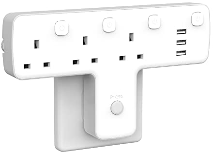 Plug Adapter, Mscien 3 Way Extension Plug with 3 USB, Plug Extension Socket with Independent Switches, Multi Plug Adaptor UK Built-in Surge Protector with 180 Degree Rotation Button