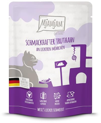 MjAMjAM - Nourriture humide premium pour chats - Quetschie - viande de dindon savoureuse accompagnée de délicieuses carottes, 1 paquet (1 x 300g), sans céréales avec un supplément de viande