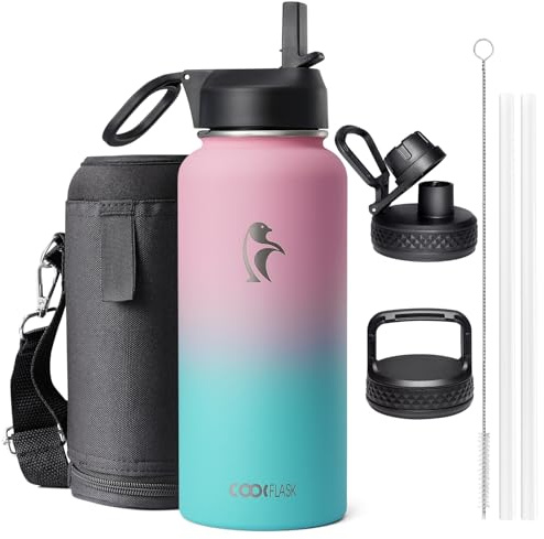 Coolflask Isolierte Wasserflasche 1L, Edelstahl Isolierte Wasserflasche mit Strohhalm & 3 Deckeln, Doppeltes Vakuum Auslaufsicher, Leicht zu Reinigen, Bubble Gum