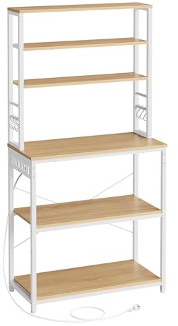 VASAGLE Küchenregal mit Steckdosen, Standregal für Küche, Mikrowellen-Regal, 6 Regalebenen, 6 Haken, Stahlrahmen, 40 x 80 x 167 cm, goldeichenfarben-wolkenweiß KKS119Y02