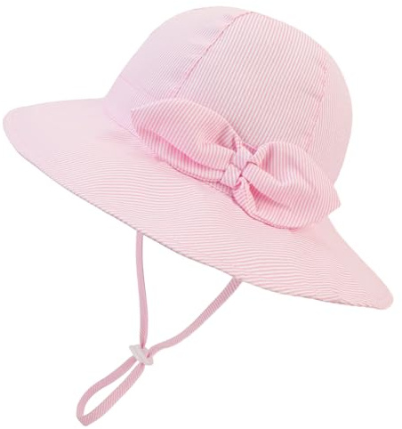 Jupsk Kids Sun Hat Toddler Summer Bucket Hat Wide Brim Beach Hat with Chin Strap UPF50 Bow Cap for Baby Child Girls 12-24 Months (Striped Pink)