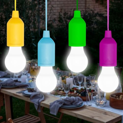 Liuyife 4 Pack Pull Cord Light Bulbs, Battery Operated LED Lights Bulbs, Portable Drawstring Lights for Weddings, Outdoor Events, Camping, Parties, Party Decorations (Cool White)