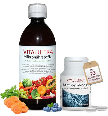 Vital Ultra – 480 ml Mikronährstoffkonzentrat & 30 vegane Kapseln Darm-Symbiotika – Vitamine, Mineralien, Spurenelemente & 23 Bakterienkulturen – hochdosiert 10 Milliarden Keime je Kapsel