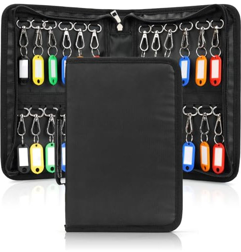 Zippered Key Case Organiser - Waterproof & Fireproof Key Binder with 24 Hooks & Tags - Portable Key Safe Box, Outdoor Key Safe, Key Storage Solution for Home Office Hotels (24 Keys)