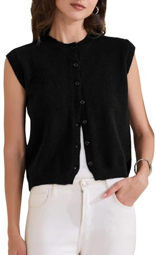 Allegra K Donna Maglione Gilet Senza Maniche Girocollo Leggero con Bottoni all'Uncinetto in Maglia Grossa Nero S