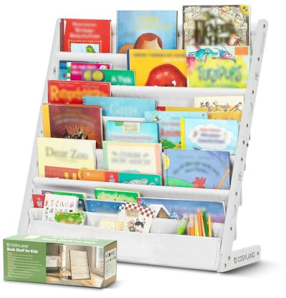 COSYLAND Bibliotheque Enfant en Bois Massif à 7 Niveaux - Etagere de Rangement pour Livres - Présentoir Livres Bebe avec Design Stable - Meuble Montessori pour Chambre d’Enfant (75 cm, Blanc)