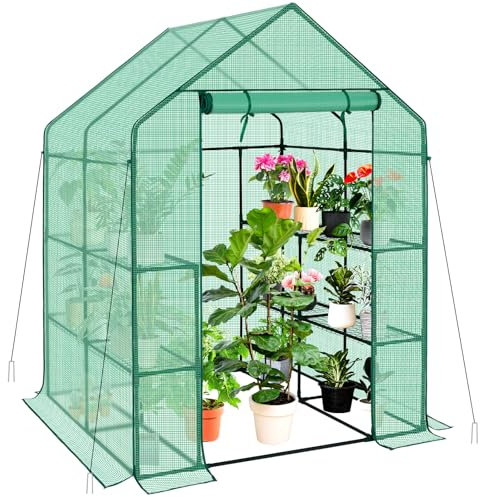 AMHANCIBLE Gewächshaus, Foliengewächshaus mit 3 Regale, Tomatengewächshaus, 140x138x195cm, Gewächshaus Balkon mit PE Gitterfolie für Tomaten & Pflanzen, Grün EGWH23GR