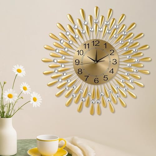Youyijia 60cm Diamond Wall Clock for Living Room Battery Operated Silent Non-ticking Modern Clock for Bedroom Kitchen Home Decor Gold