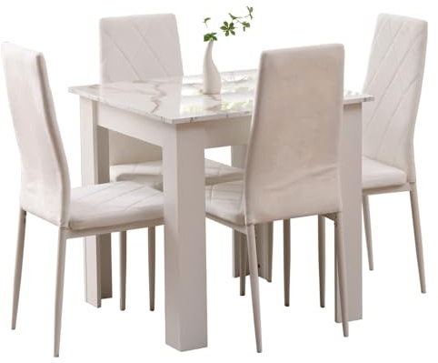 Rainbow Tree Modern 5 Piece Dining Room Table and Chairs Set, Wooden Square Table with 4 Chairs for Small Space Apartment Space Saving (White Marble Table+4 White Argyle Velvet Chair)