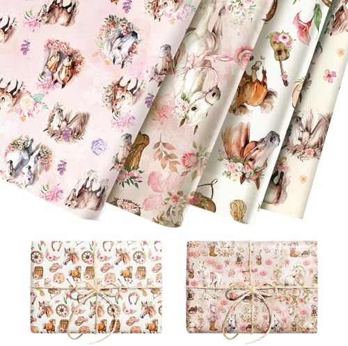 Feirdhoo Lot de 12 feuilles de papier cadeau chevaux, 4 différents types de papier cadeau avec motif de course de chevaux pour adultes, mariage, anniversaire, Noël, vacances, papier d'emballage 68 x