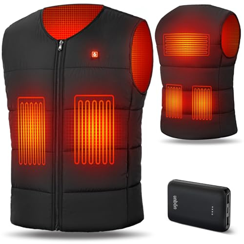 UNBON Gilet Riscaldato Uomo Donna Scollo V, Giubbotto Riscaldato Uomo Donna con Batteria USB 10000mAh, Gilet Giubbotto Riscaldante Termico con 3 Temperatura 6 Zone di Calore per Moto Lavoro Nero 3XL
