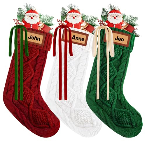 3 Pack Christmas Stockings with Leather Patches Custom Name - 18Inches Large Knitted Personalized Christmas Stocking Family Hanging Xmas Stockings for Xmas Party Fireplace Home Decor(Red Green White)