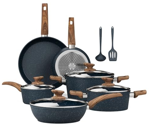 Kitchen Academy Induction Hob Pans Set -12PCS Nonstick Blue Cookware Set, Granite Pots and Pans Set Non Stick & Non Toxic