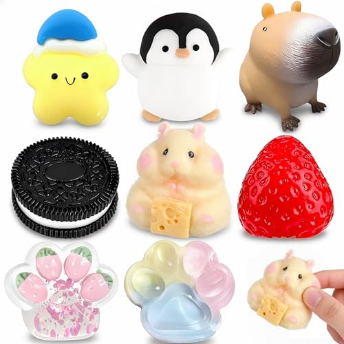 8 Pack Squishy Fidget Toys,Sensory Squeeze Toys for Kids Adults,Soft Cat Paw Star Kapybara Hamster Penguin Biscuit Strawberry Squishies,Stress Relief Toys for Decompression Birthday Novelty Gift