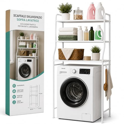 Mobile Lavatrice Salvaspazio con 3 Ripiani STABILE - Scaffale Organizer Bagno e Lavanderia in Acciaio - MONTAGGIO SEMPLICE con Ganci Laterali e Piedini REGOLABILI per Detersivi, Asciugamani e Altro