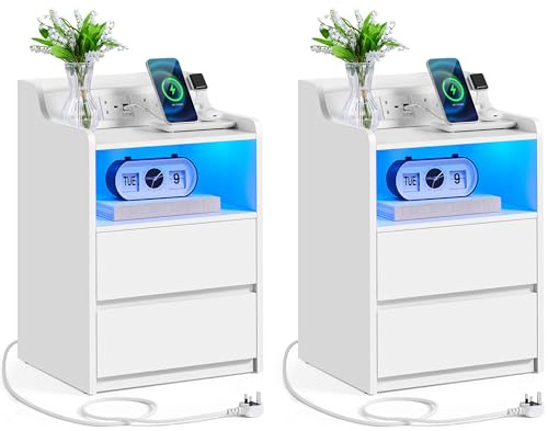 Yaheetech Modern Bedroom Bedside Table Set of 2 with 2 Drawers, White | Built-In Charging Stations, Integrated LED Lights, 2 Drawers & Open Compartment per Table, Keeps Essentials Within Reach