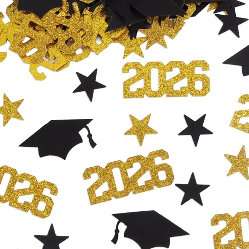 200 pcs Graduation Confetti 2026 Party Table Decor Black Gold Glitter Prom Sprinkles Scatter Confetti Table Favors Graduation Party Decorations for Prom Home College School