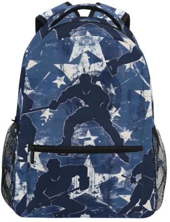 Mnsruu Sac à dos d'école, sac à dos avec silhouette de joueur de hockey sur glace pour filles, garçons, enfants, étudiants, sac à dos pour ordinateur portable, sac de voyage