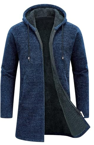 KUDORO Cárdigan de punto grueso con capucha para hombre, suéter con cremallera frontal completa, cálido abrigo de forro polar de invierno de manga larga, suéteres casuales para hombre, azul marino, M