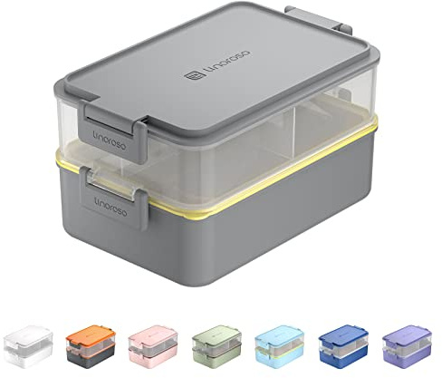 linoroso Bento Lunch Box for Adults with 3 Compartments Lunchbox with Sauce Container and Utensils, Bento Boxes for Microwave and Dishwasher Plastic BPA-Free As Sandwich Snack Salad Box - Gray