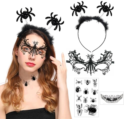 Huahuanghui Spinne Haarreif Maske Set 4 Stück, Spinne Stirnband, Spinne Maske, Spinnennetz Tattoo, Spinnen Haarschmuck, Halloween Karneval Spinne Accessoires