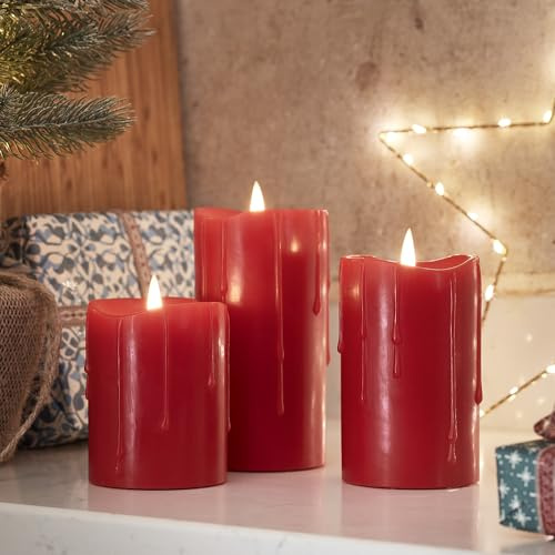 Lights4fun uppsättning med 3 LED TruGlow® ljus röda vaxdroppar timer batteridriven inomhus