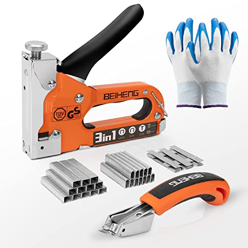 Heftpistole, BeiHeng 3 in 1 Klammernagel Stahlpistole mit 3000 Klammern, Klammerentferner, Handschuhe, Manueller Brad Nagler Leistungsanpassung Tacker Gun für Holz, Handwerk, Tischlerei, Dekoration