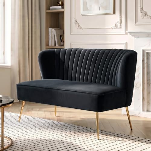 HULALA HOME Velvet 2 Seater Sofa Upholstered Loveseat Couch with Metal Legs Armless Backrest for Living Room Bedroom Lounge, Black