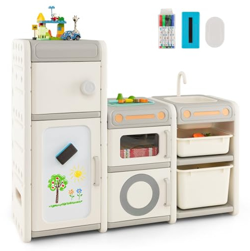 COSTWAY Organizador de Juguetes para Niños, Estantería Infantil para Juguetes con Pizarra Magnética, Fregadero, Grifo Desmontables, Baúl de Juguetes con Armarios Cerrados/Contenedores/Marcadores