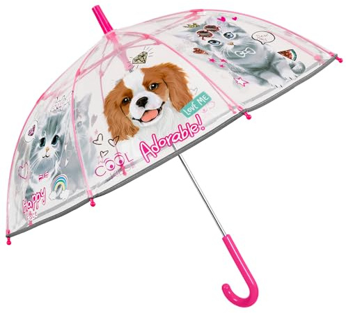 PERLETTI Parapluie Transparent Chien Chat pour Enfants - Petit Parapluie Cloche Rose Réfléchissant Fille Détails - Parapluie Canne Fillette 3 4 5 Ans École Maternelle - Diamètre 64 cm (Chien et Chat)