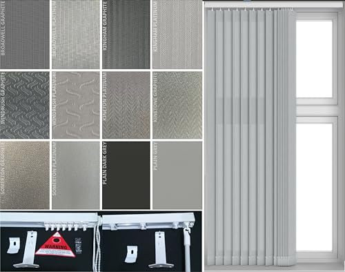 EUROBLINDS - GREY Vertical Blind for Windows Complete Set - Headrail & Fabric - Made to Measure - 89mm (3.5 inch) - GREY Louvres - - (Up To 250cm (98 inch) Wide)