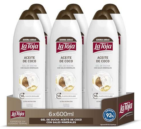 La Toja Gel de Ducha Aceite de Coco, pack de 6 de 600 ml (3600 ml), Piel Suave, Cuidada y Llena de Vitalidad, Protege Frente la Sequedad