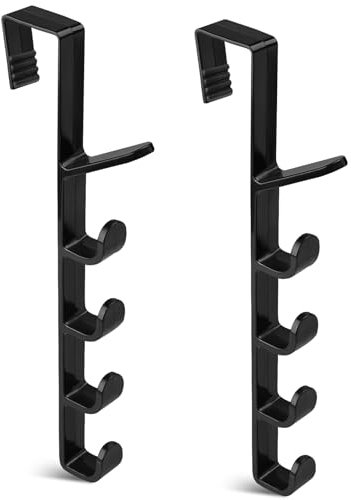 Over Door Hooks, Vertical Over The Door Hanger with 5 Hook, Over Door Towel Rack,Coat Hooks for Hanging Clothes Towel Bag Hat, Black, 2 Pack
