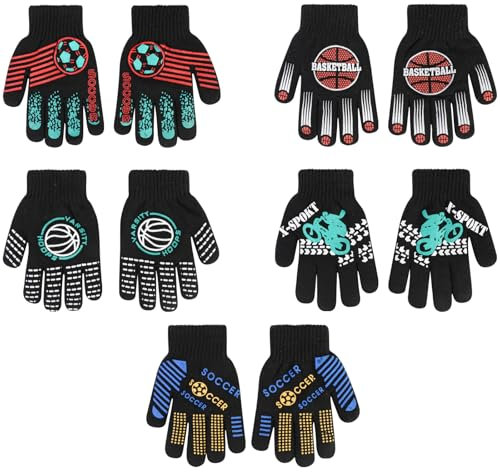 QKURT 5 Paar magische Kinderhandschuhe für Jungen im Alter von 5-11 Jahren, Strickhandschuhe, doppellagige dicke Handschuhe, Vollfingerhandschuhe mit Basketball und Fußball zum Radfahren im Freien